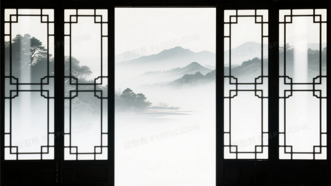 中式庭院窗棂剪影背景