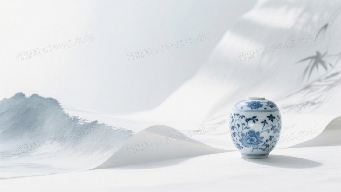 中国风简约水墨背景淡雅青花瓷色调