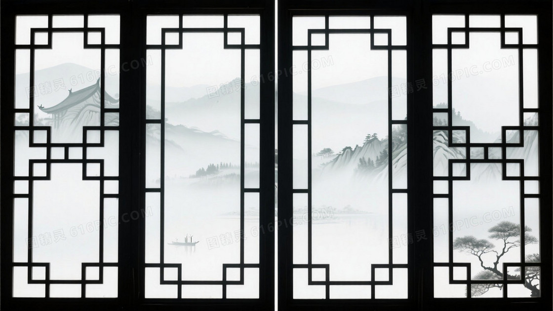 中式庭院窗棂剪影背景
