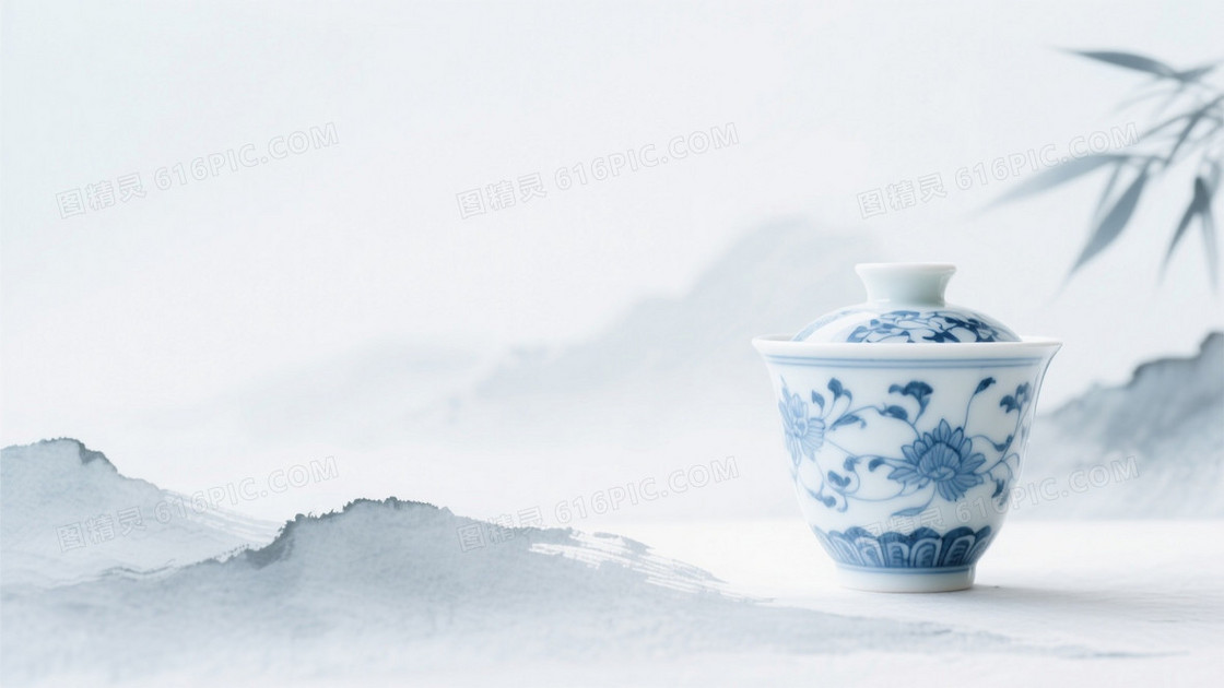 中国风简约水墨背景淡雅青花瓷色调