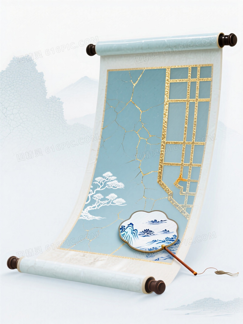 一张海报背景图插画青花瓷风格极简构图