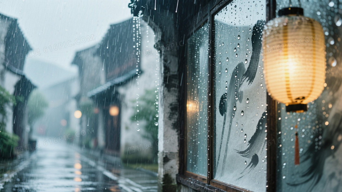 水墨晕染雨天街景背景图