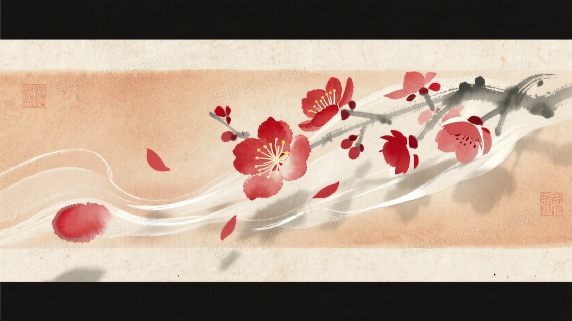 新中式水墨动画帧朱砂色梅花瓣在生宣纸上飘落