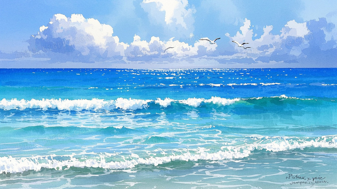 极简水彩风格夏日海景背景图片下载_4096x2304像素JPG格式_编号