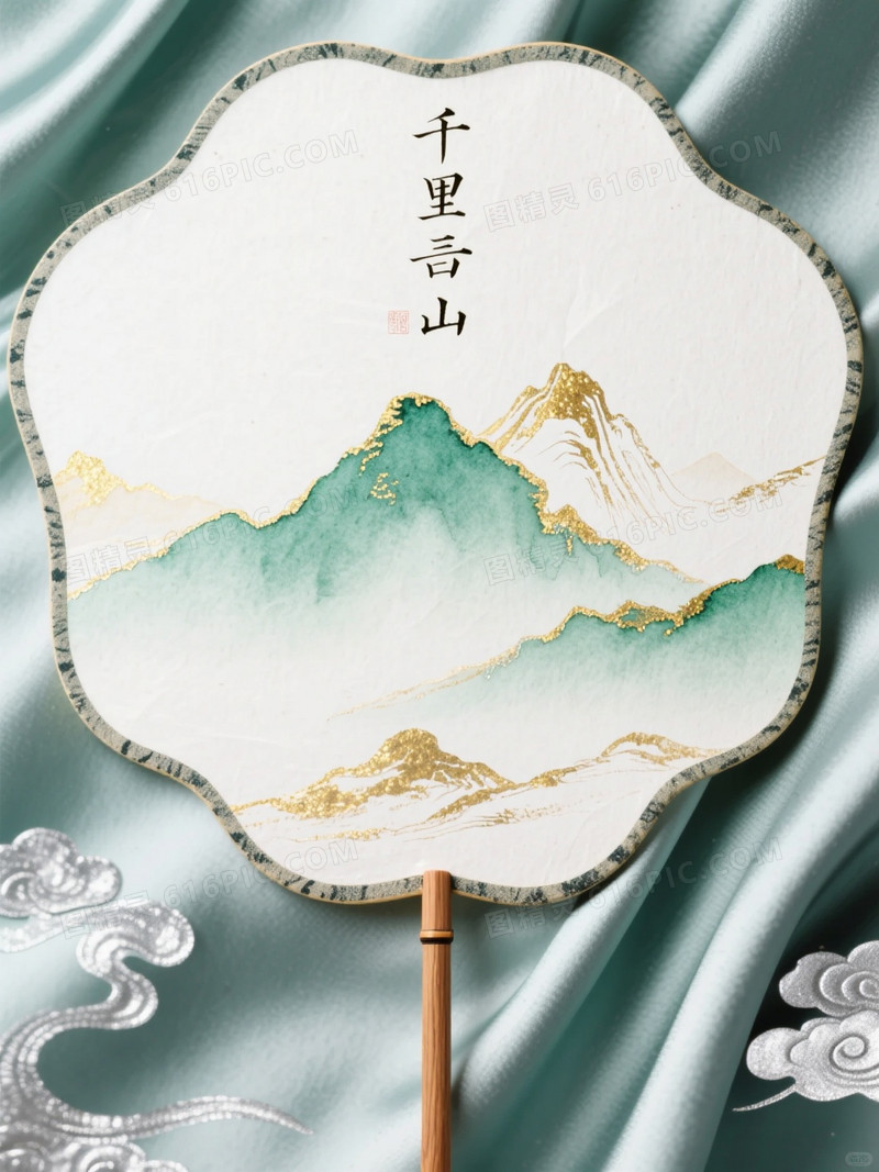 淡雅水墨团扇背景图檀木扇骨透出金色山脉纹理