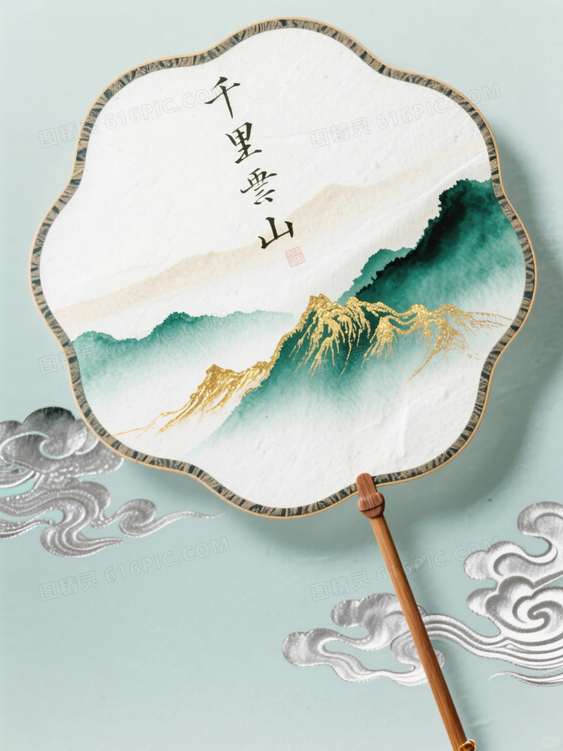 淡雅水墨团扇背景图檀木扇骨透出金色山脉纹理