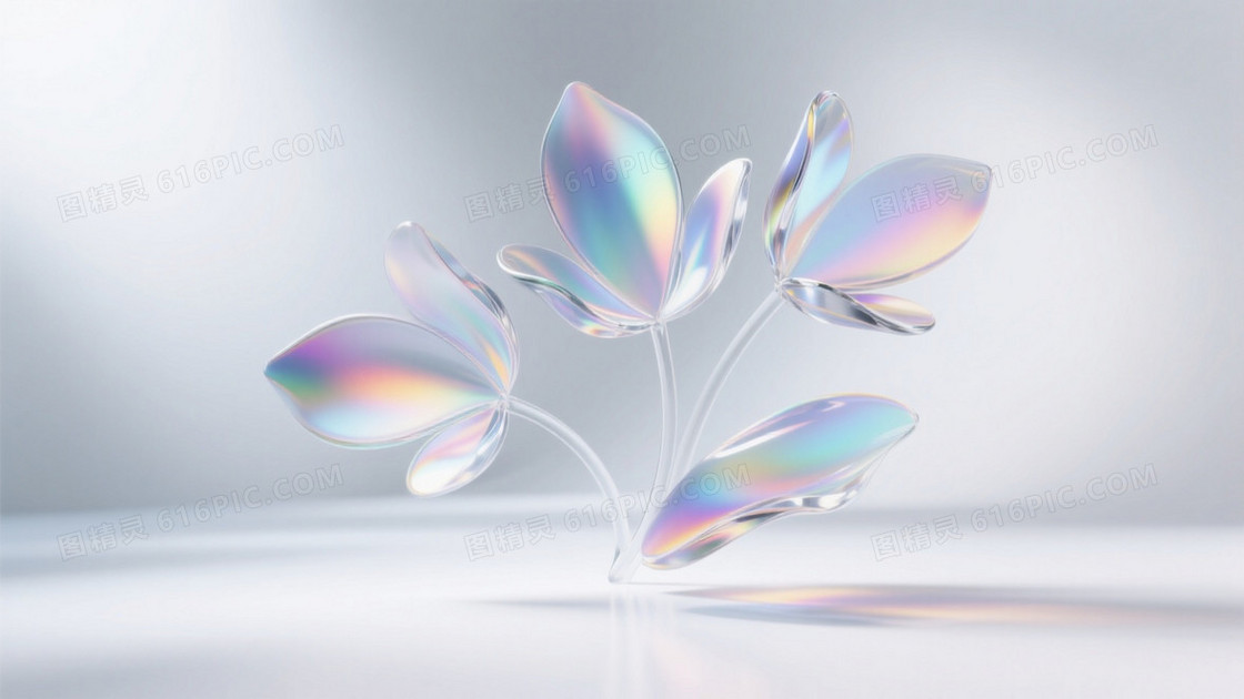 3D渲染抽象艺术五片琉璃材质花瓣在乳白空间悬浮翻转
