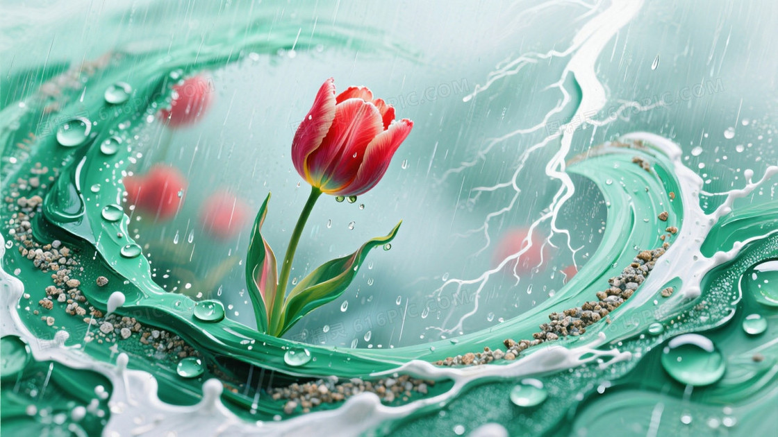 抒情抽象艺术创作旋转的祖母绿雨滴漩涡中迸发胭脂红郁金香