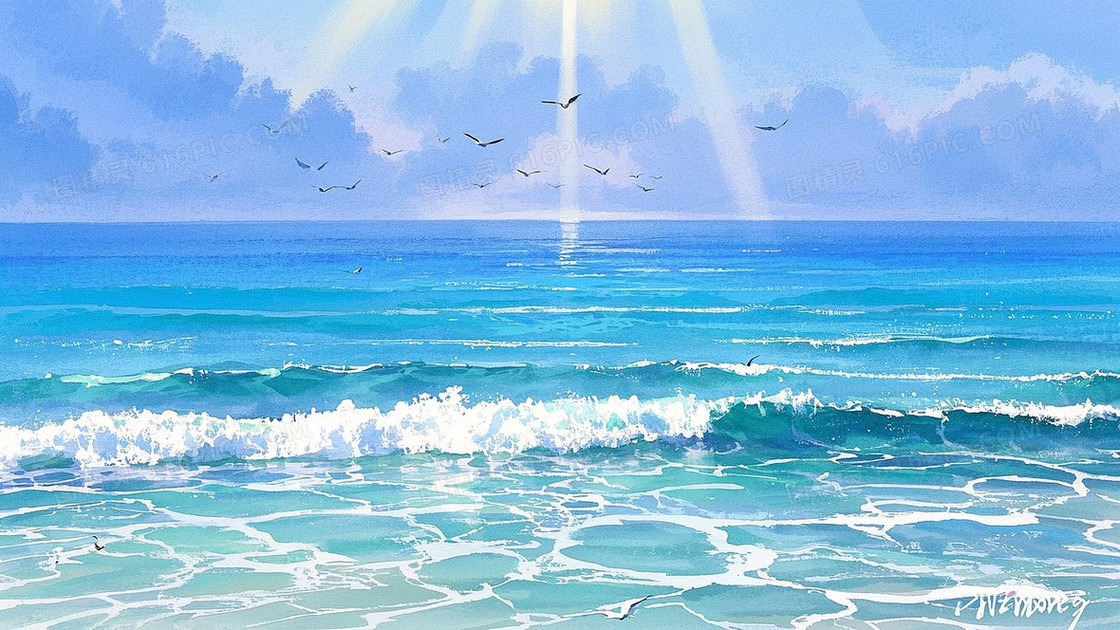 极简水彩风格夏日海景