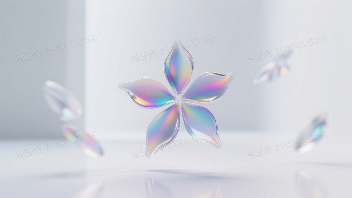 3D渲染抽象艺术五片琉璃材质花瓣在乳白空间悬浮翻转