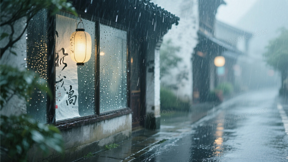 水墨晕染雨天街景背景图