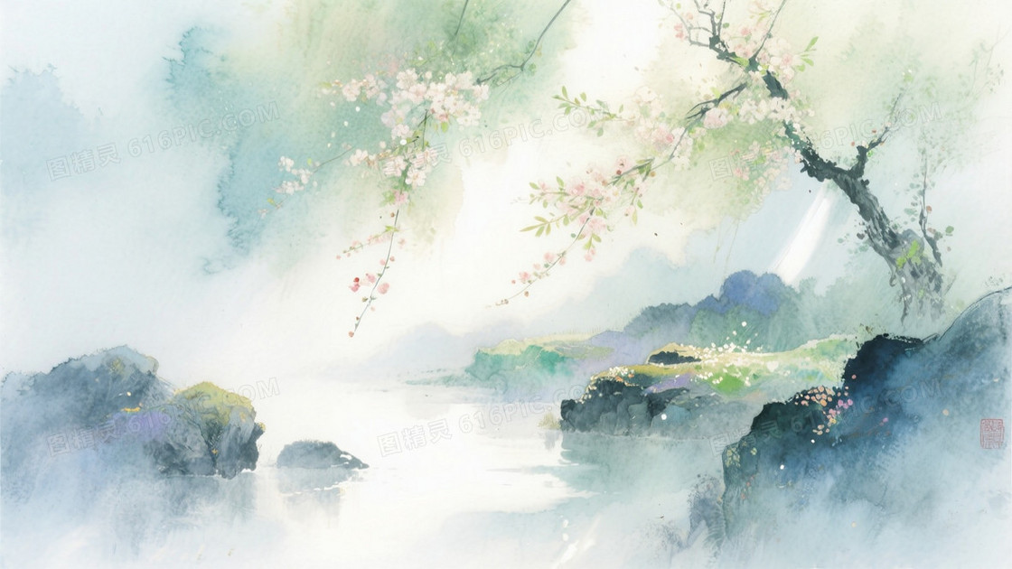 中国风水彩写意晕染朦胧