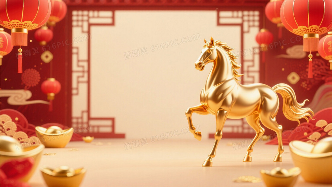 马年春节背景图高清好看的3D金色骏马