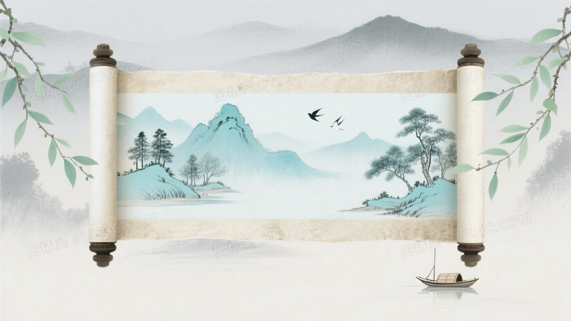 国风淡雅水墨画风主体有展开的卷轴