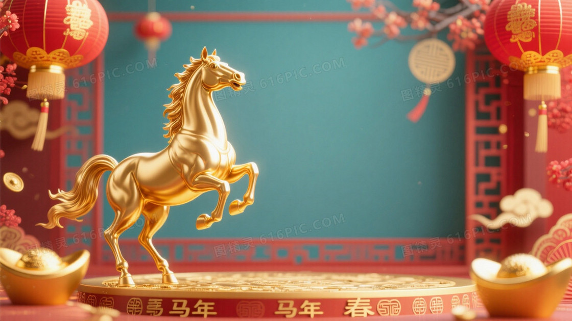 马年春节背景图高清好看的3D金色骏马
