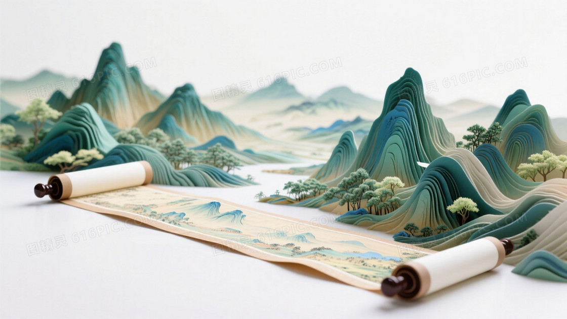 画卷展开画卷中的山水立体起来