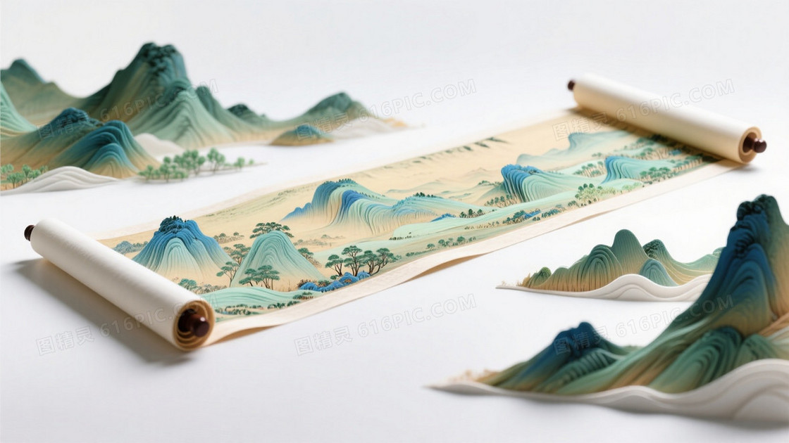 画卷展开画卷中的山水立体起来