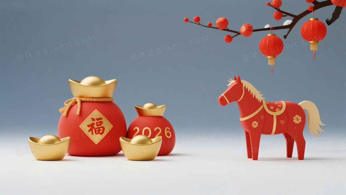 金元宝福袋立体小马马年创意背景图