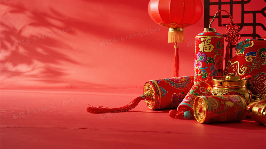 爆竹灯笼春节新年装饰场景简约背景图