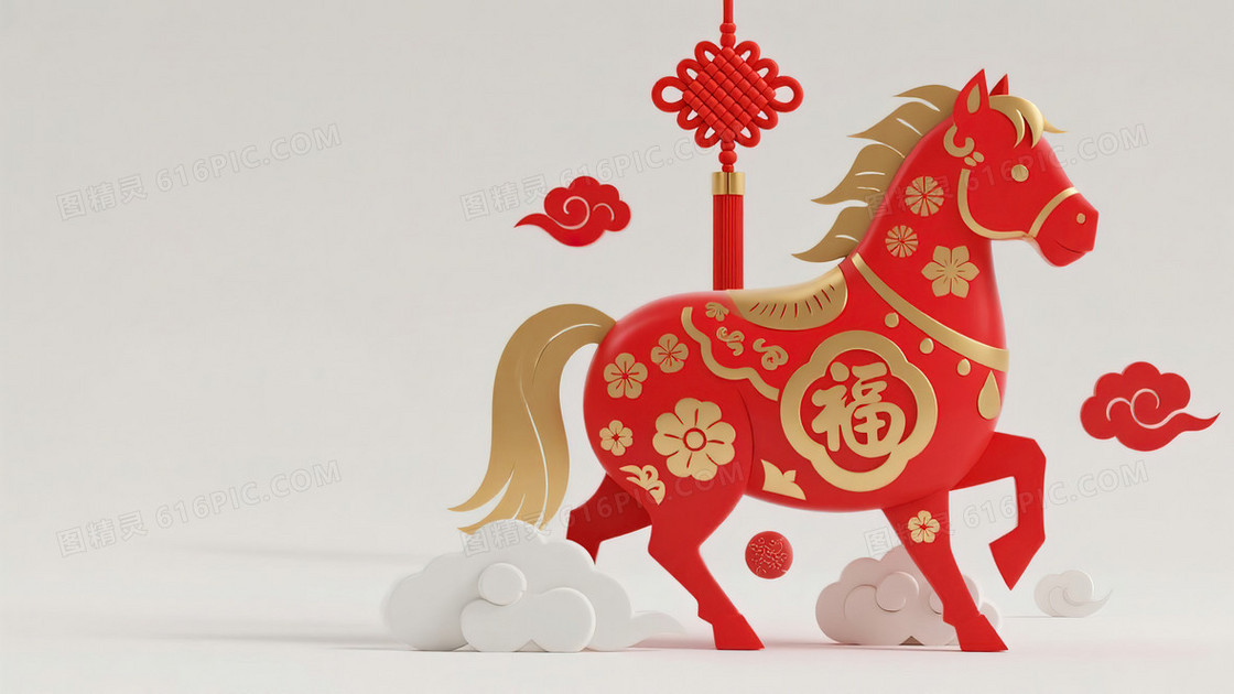 立体红金马形象马年创意背景图