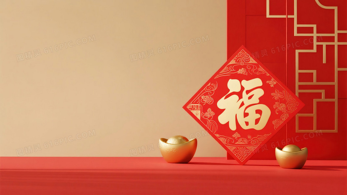 金元宝福字春节新年装饰场景简约背景图