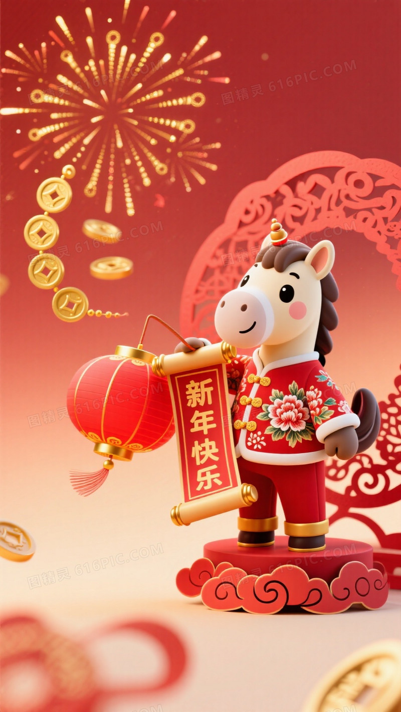 卡通渲染新春主题右侧Q版小马穿牡丹纹对襟袄拿着一个红金灯笼