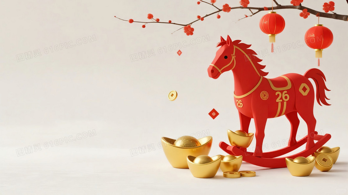 金元宝红色木马春节新年装饰场景简约背景图