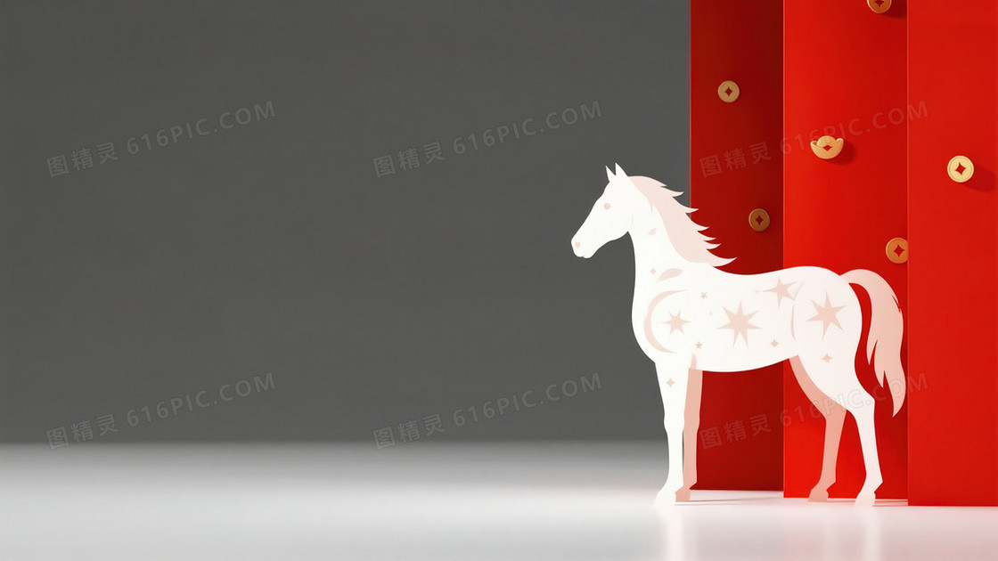 春节白色剪纸马形象简约新年背景图