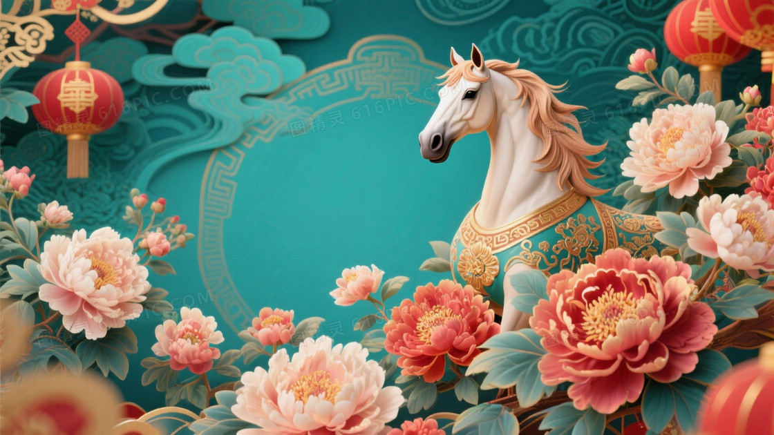 3D中国马年春节插画