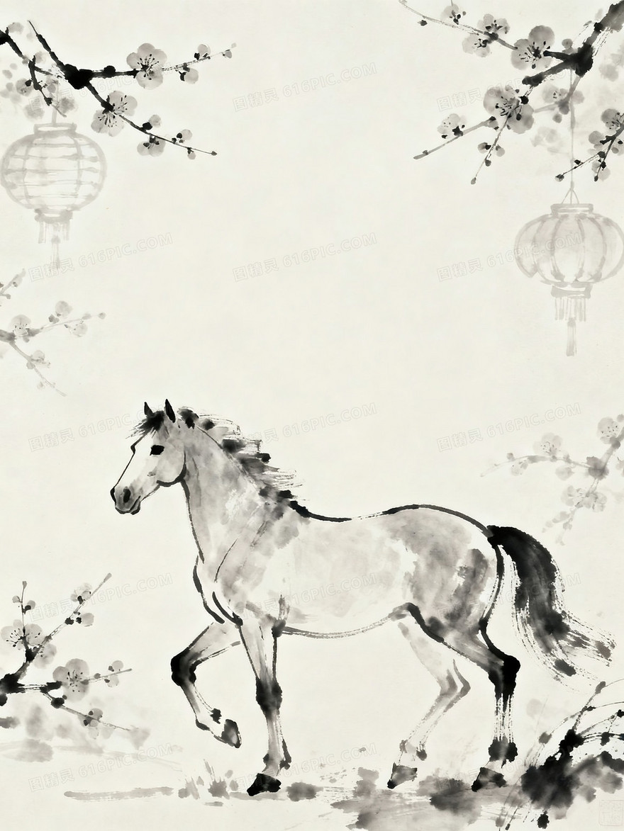 水墨梅花骏马背景图