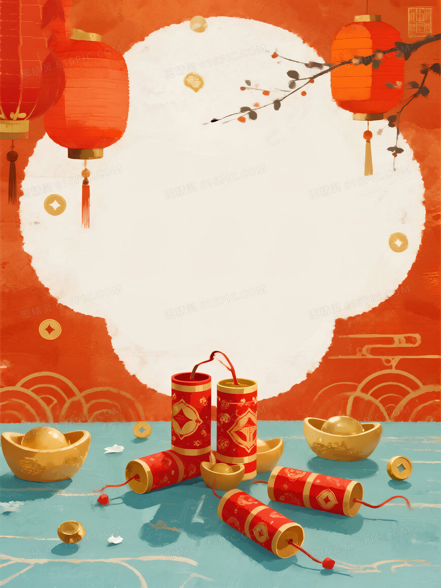 爆竹金元宝红灯笼喜庆中国风新年背景