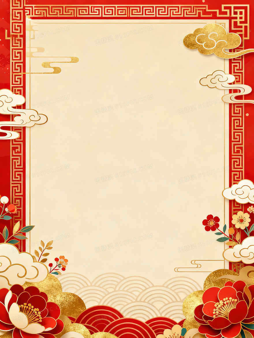 红色牡丹烫金祥云喜庆中国风背景