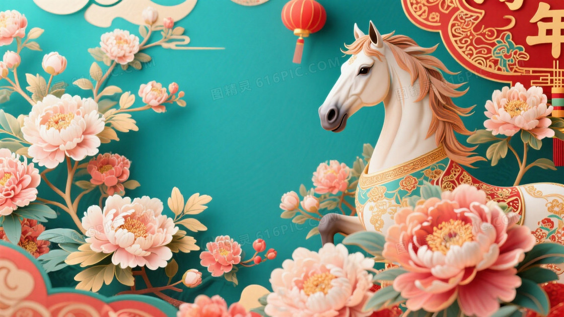 3D中国马年春节插画