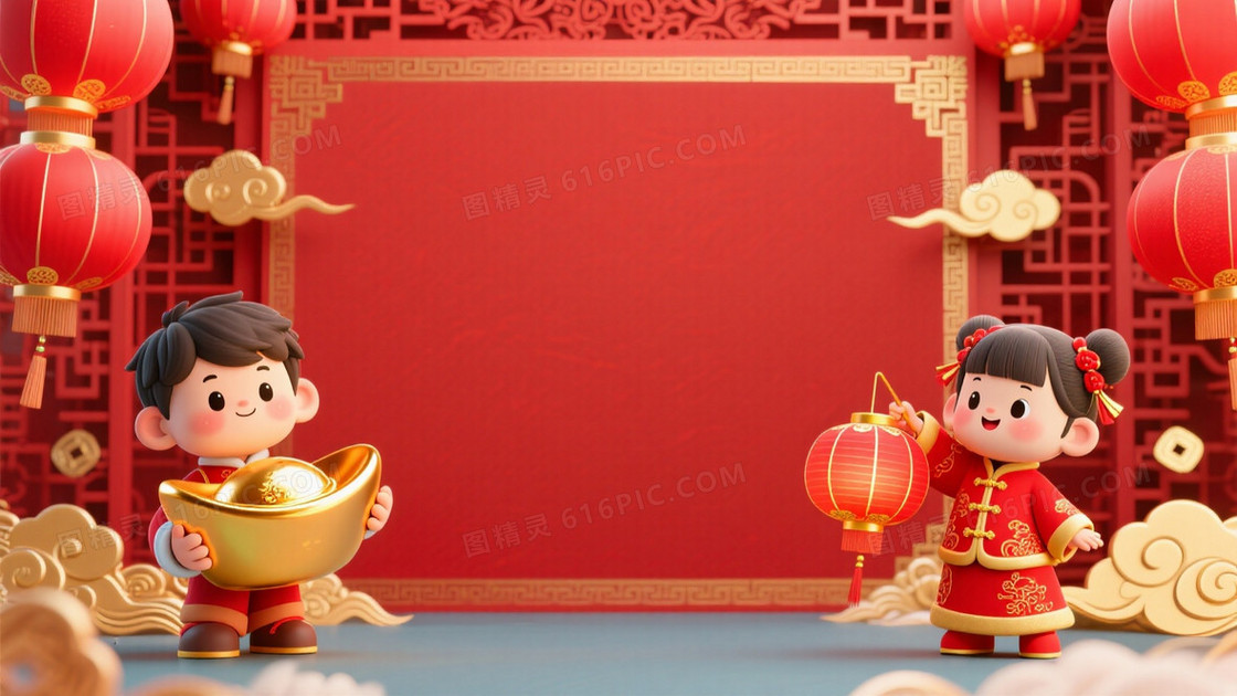 3DQ版画风中国新年主题插画背景