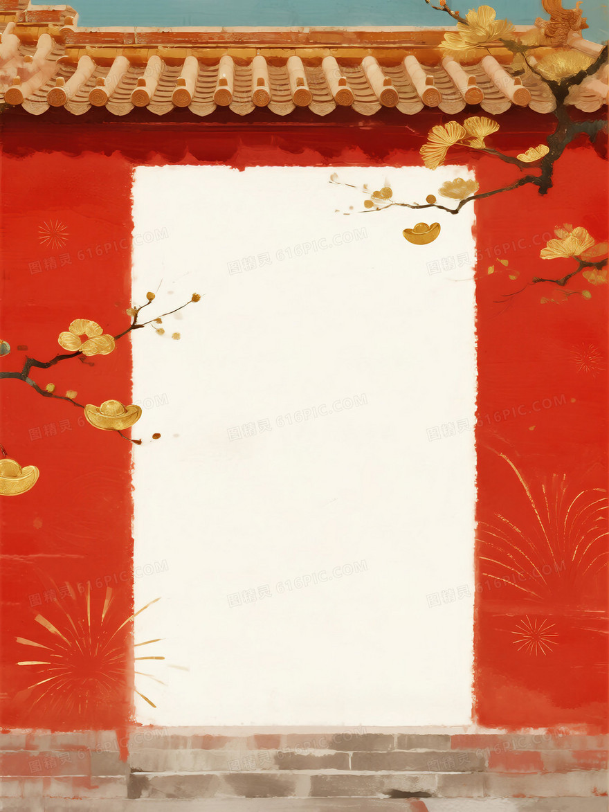 红墙腊梅春节喜庆背景图