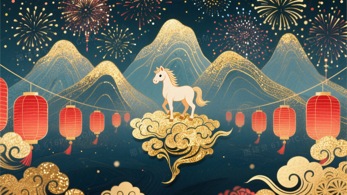 中国风新春背景插画层叠山脉轮廓采用金色线条勾勒
