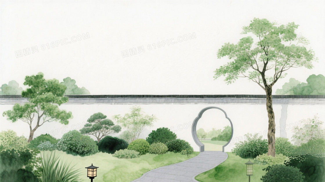 手绘水彩插画风格新中式园林中景构图