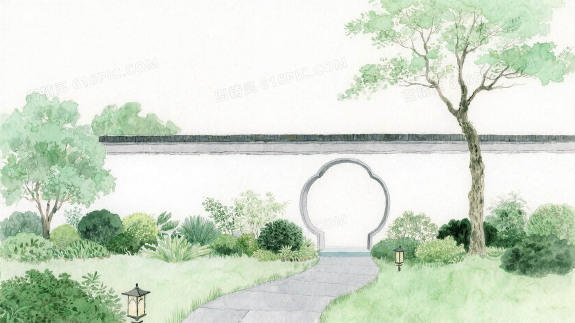 手绘水彩插画风格新中式园林中景构图