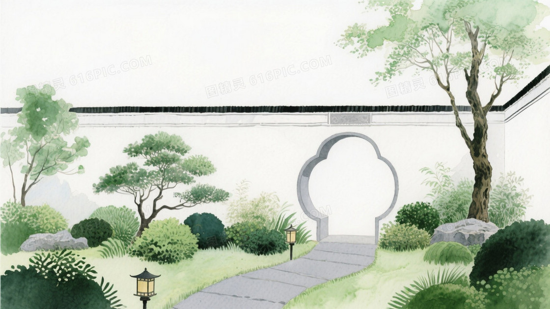 手绘水彩插画风格新中式园林中景构图