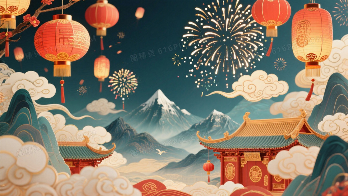 中国春节国潮风背景祥云灯笼