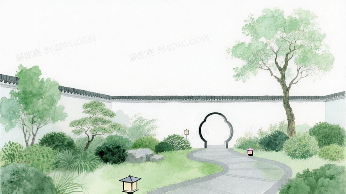 手绘水彩插画风格新中式园林中景构图