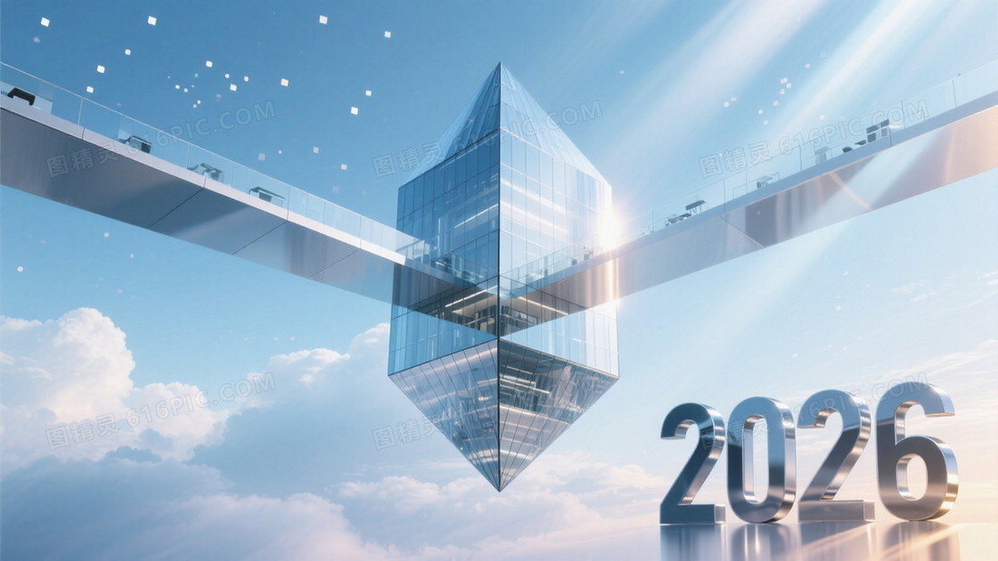 未来办公空间概念图棱柱形建筑体与悬浮连廊构成镜像对称