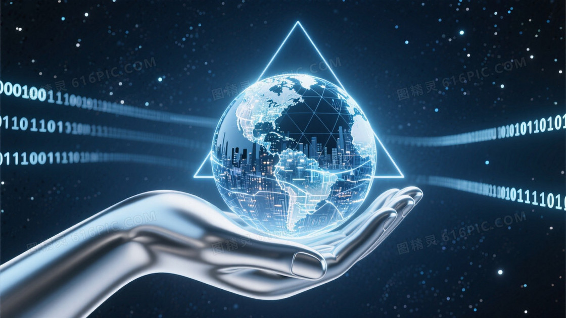 极简科技背景设计流线型银色手掌框架包裹发光能量球体