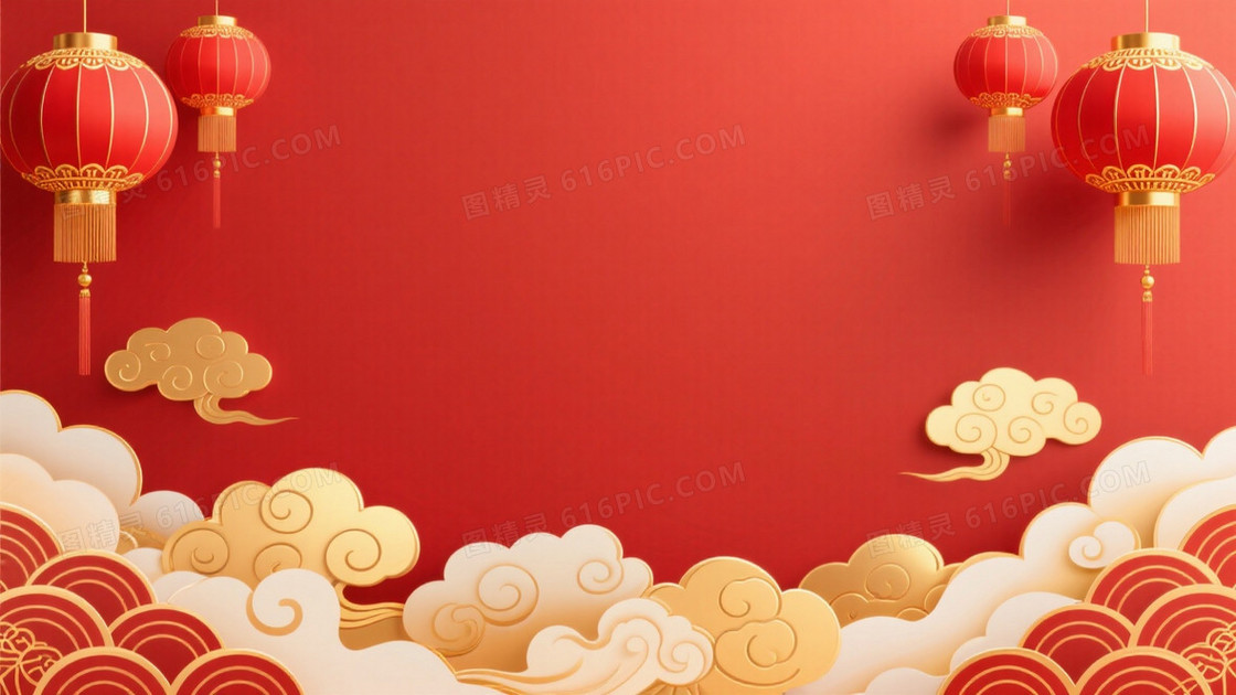 中国春节红金背景底部是装饰着浮云