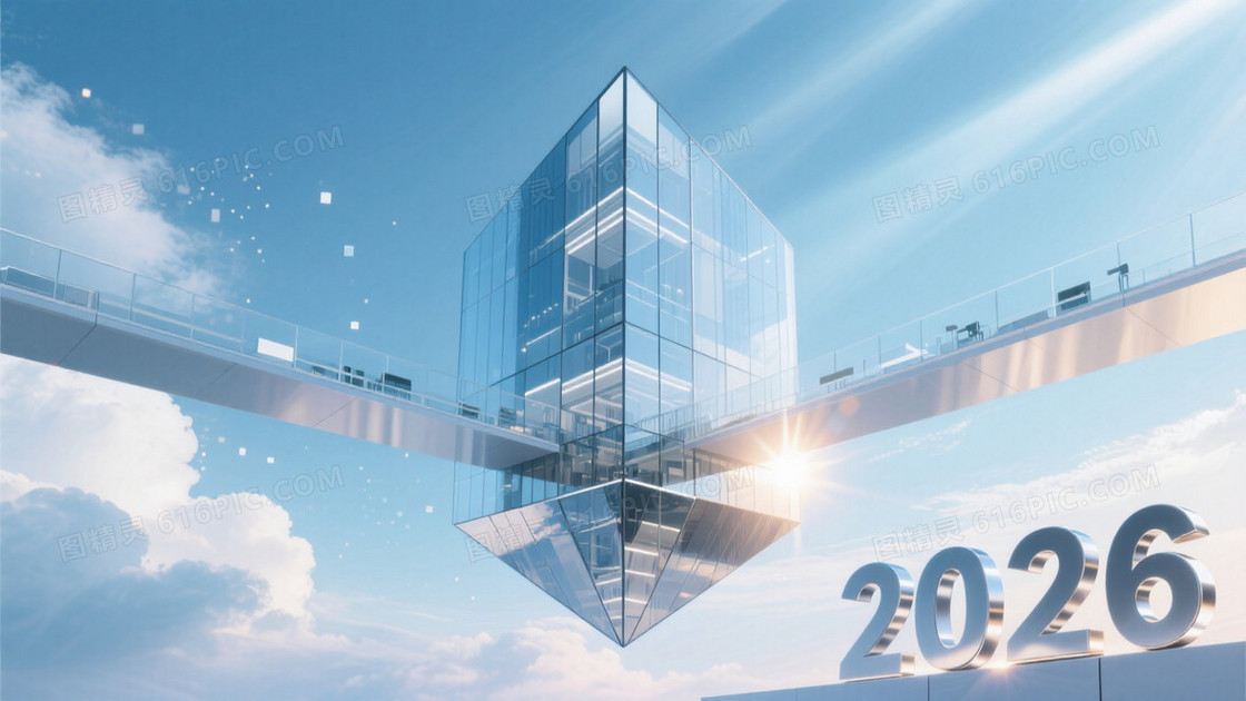 未来办公空间概念图棱柱形建筑体与悬浮连廊构成镜像对称