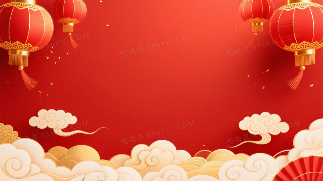 中国春节红金背景底部是装饰着浮云