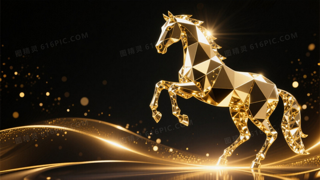 金色几何风骏马形象带水晶效果
