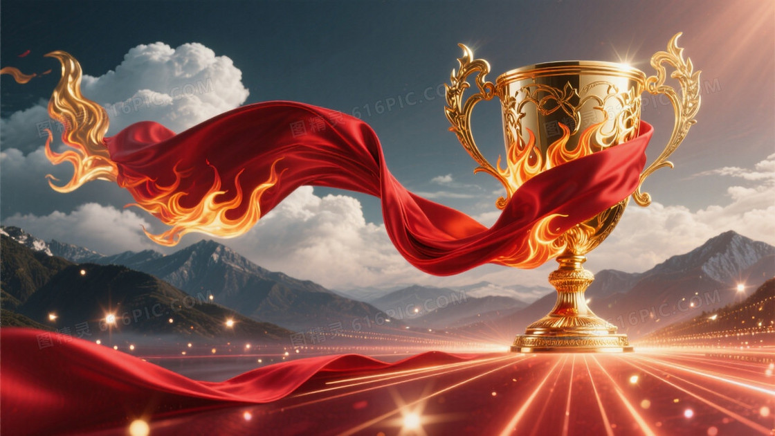 史诗感荣誉场景左侧镂空鎏金奖杯缠绕火焰状红丝绸