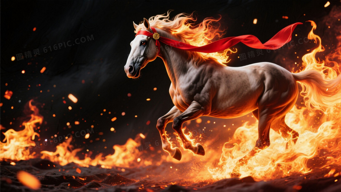 画面右侧火焰中骏马形象带火焰效果