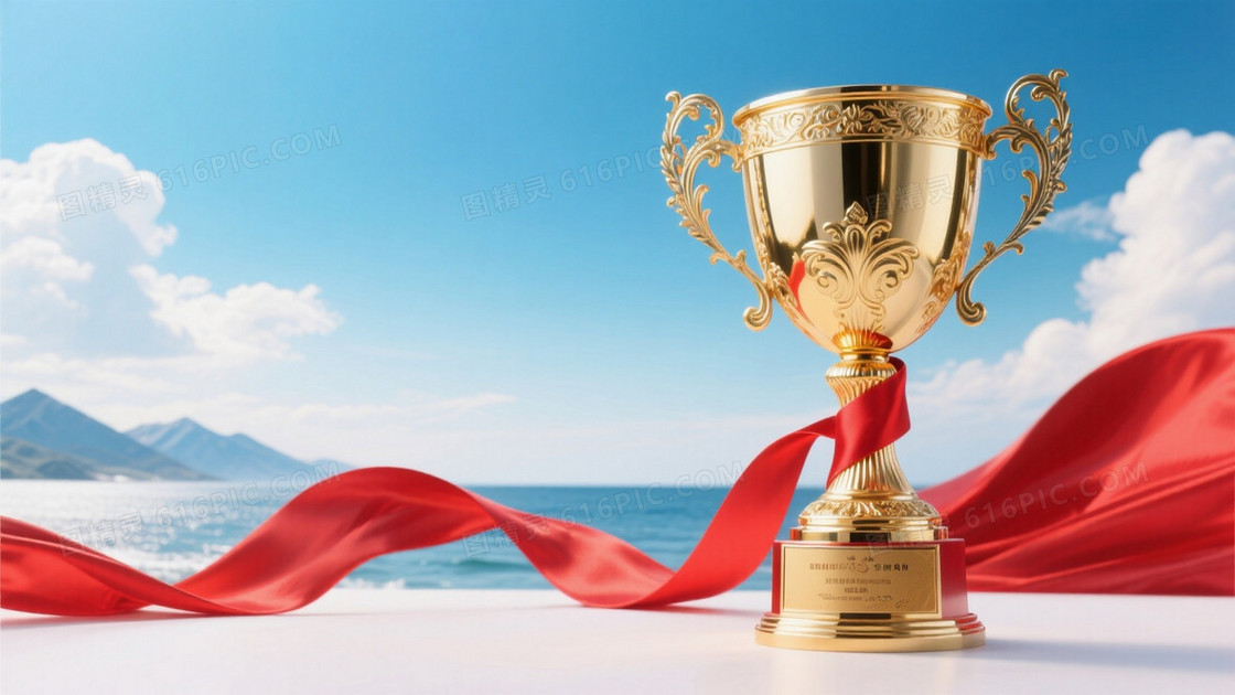 颁奖典礼主题左侧是精致的金色雕花奖杯配红色丝带丝带随风费用